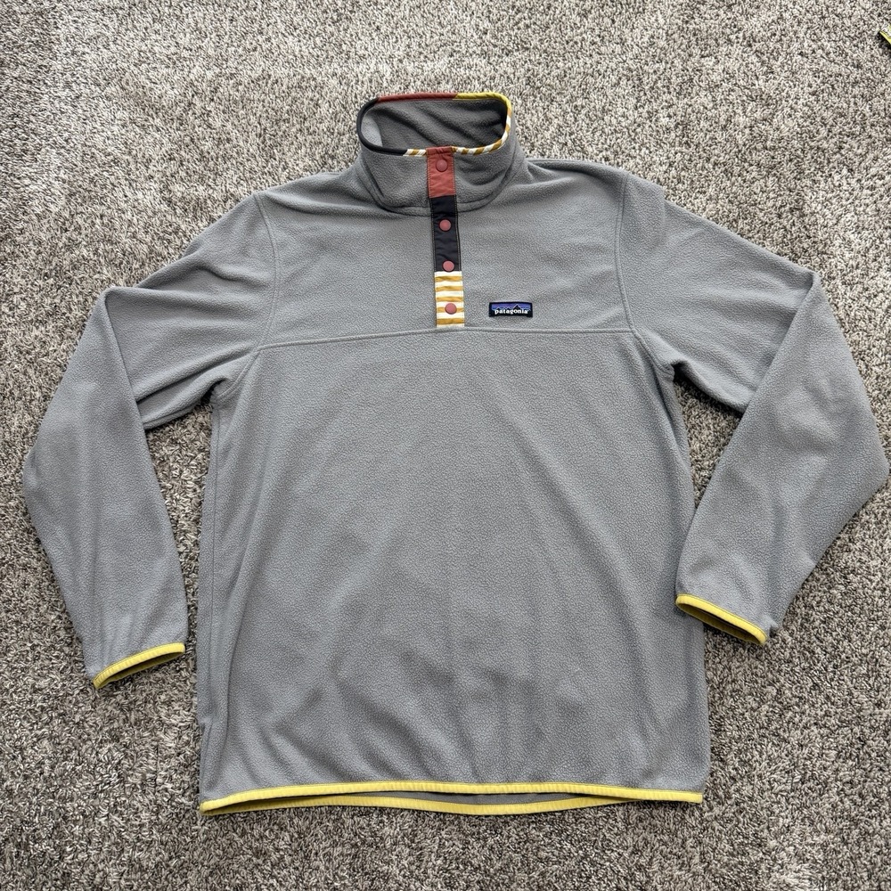 Patagonia Micro D Snap-T Pullover Fleece Men's Medium Gray Yellow Trim